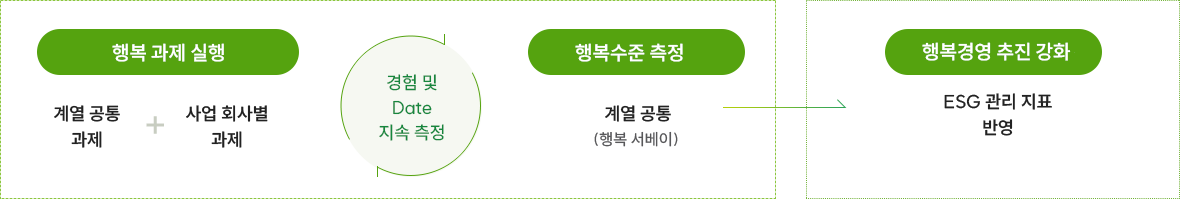 행복 과제 실행(계열 공통 과제 + 사업 회사별 과제) / 경험 및 Date 지속 측정 / 행복수준 측정 (계열 공통 (행복서베이)) → 행복경영 추진 강화 (ESG 관리 지표 반영)