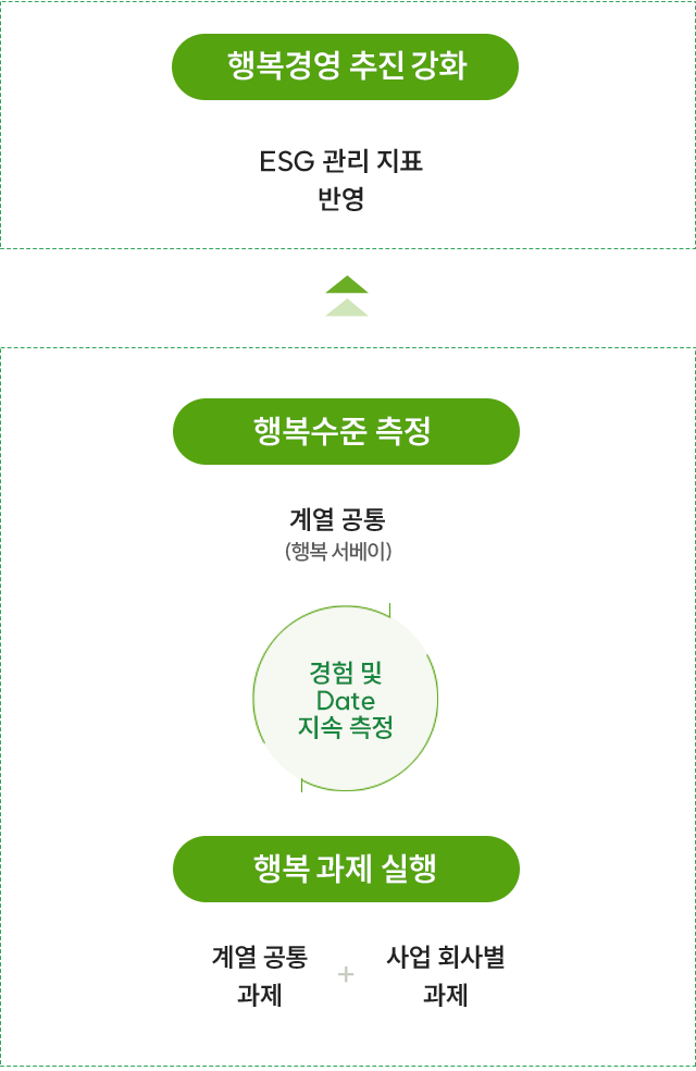 행복 과제 실행(계열 공통 과제 + 사업 회사별 과제) / 경험 및 Date 지속 측정 / 행복수준 측정 (계열 공통 (행복서베이)) → 행복경영 추진 강화 (ESG 관리 지표 반영)