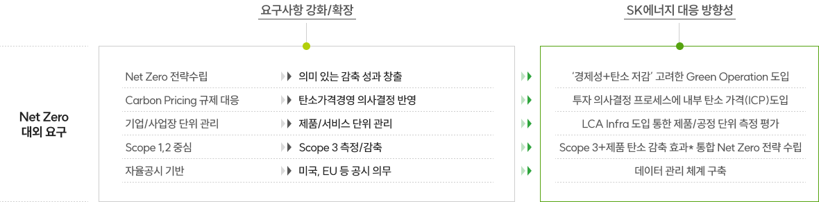 Net Zero 대외 요구사항 상세 및 대응 방향성 이미지 입니다. 자세한 사항은 아래 내용을 참조하세요.