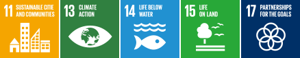 11. SUSTAINABLE CITIES AND COMMUNITIES, 13. CLIMATE ACTION, 14. LIFE BELOW WATER, 15. LIFE ON LAND, 17. PARTNERSHIPS FOR THE GOAL