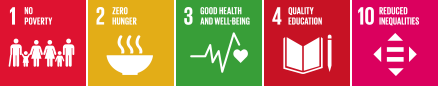 1. NO POVERTY, 2. ZERO HUNGER, 3. GOOD HEALTH AND WELL-BEING, 4. QUALITY EDUCATION, 10. REDUCED INEQUALITIES