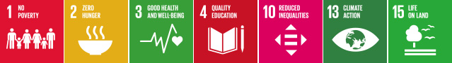 1. NO POVERTY, 2. ZERO HUNGER, 3. GOOD HEALTH AND WELL-BEING, 4. QUALITY EDUCATION, 10. REDUCED INEQUALITIES, 13. CLIMATE ACTION, 15. LIFE ON LAND